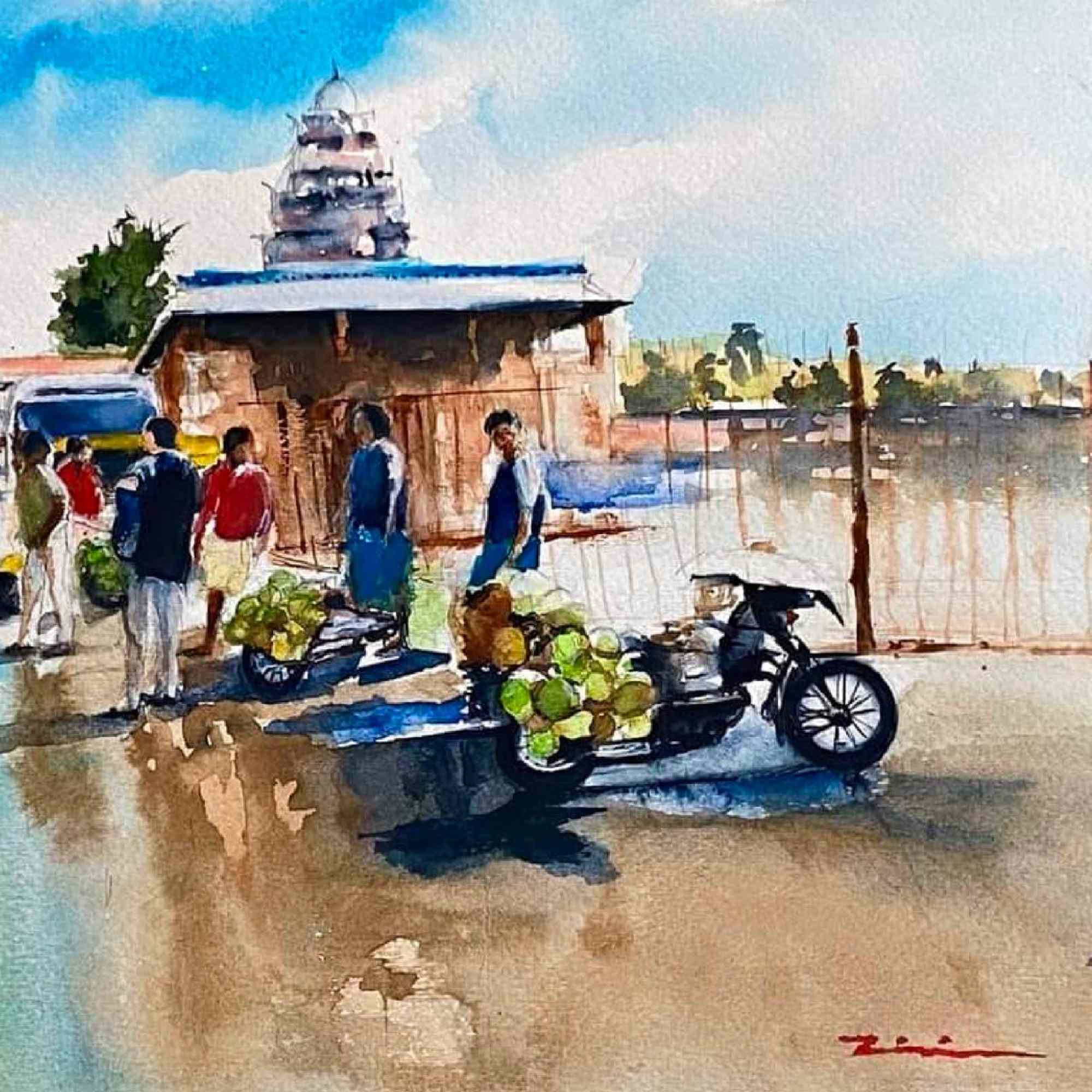 "Serenity in the Bustle: Morning Market by the Temple"