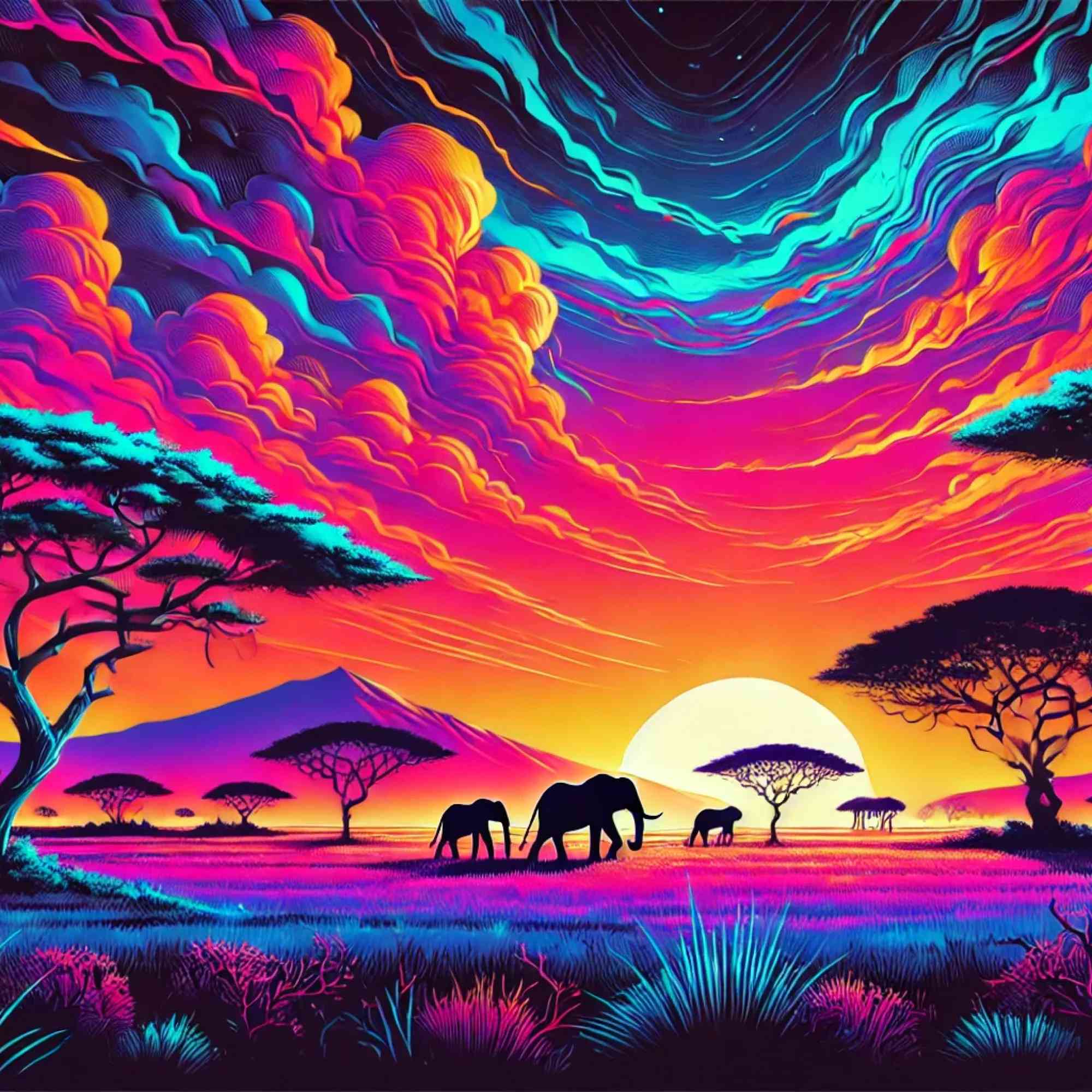 Neon Serengeti: A Radiant Savannah Sunset