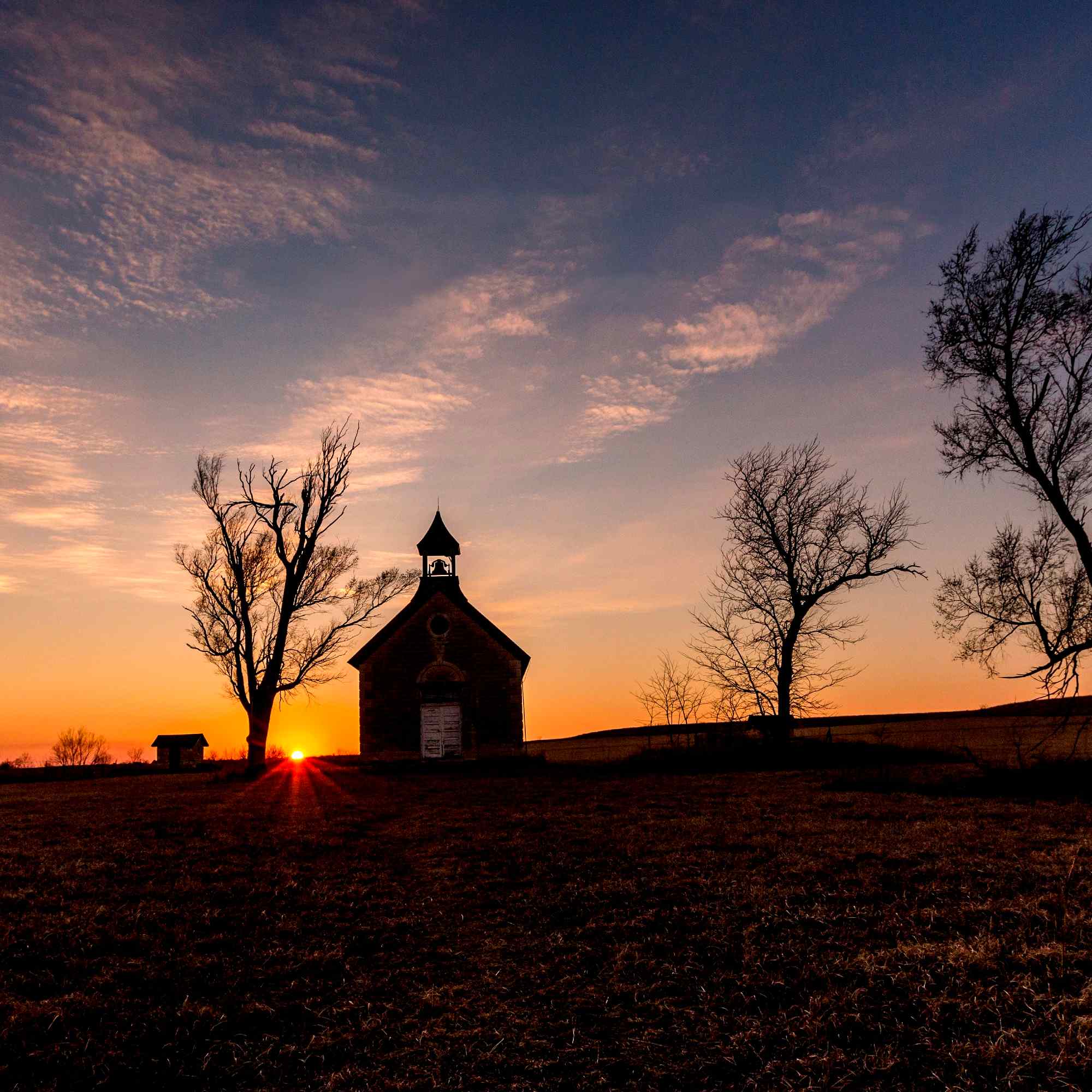 Sunset Behind One Room Schoolhouse