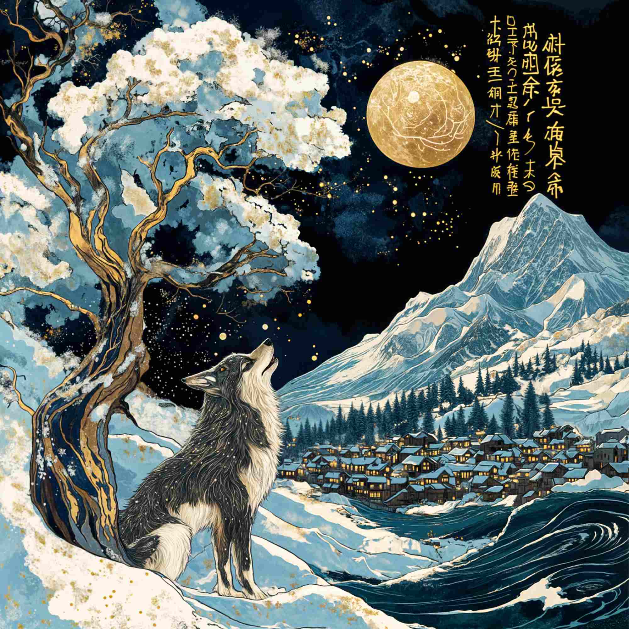 雪の生き物 -  Wolf  and full moon