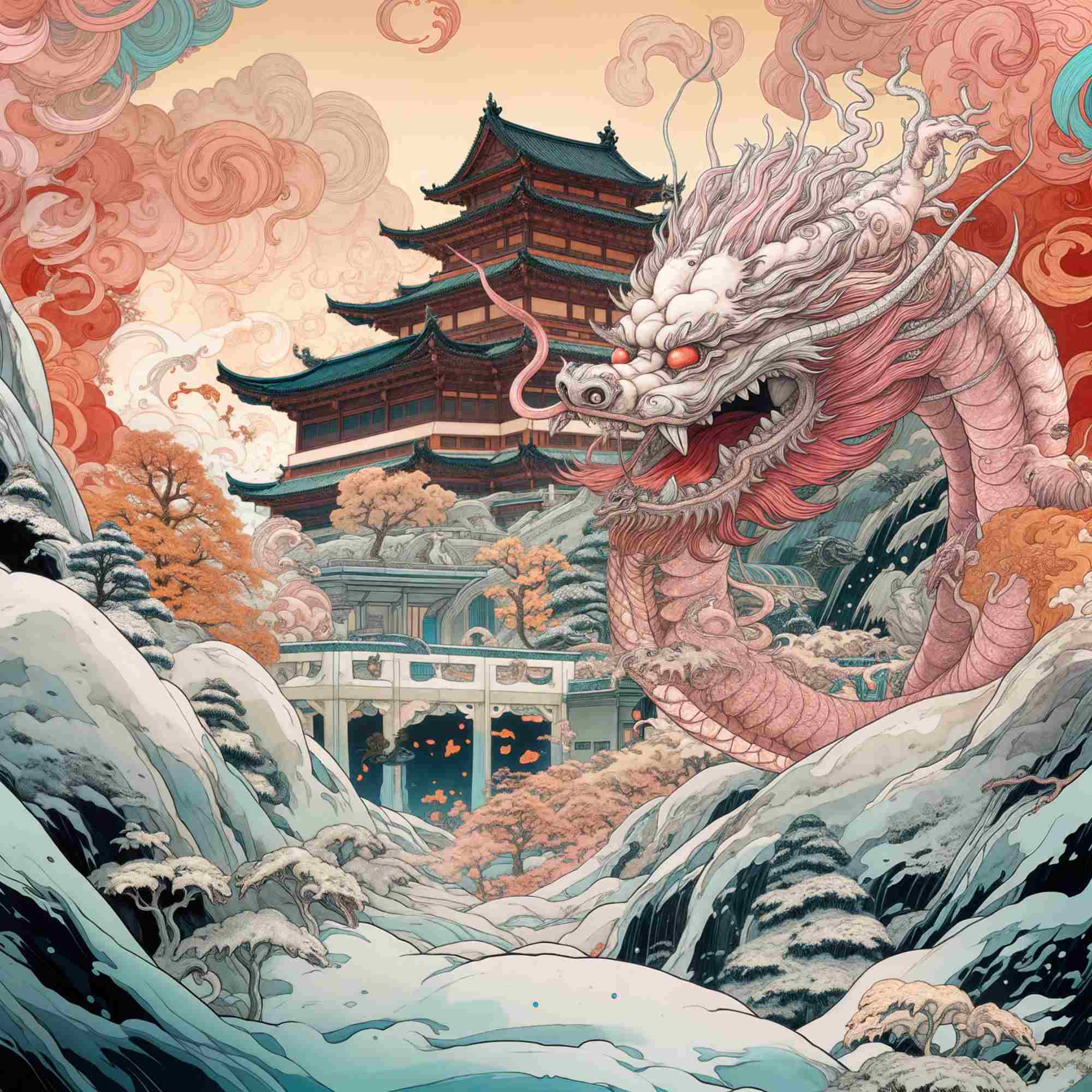 雪の生き物 - Pink dragon sky