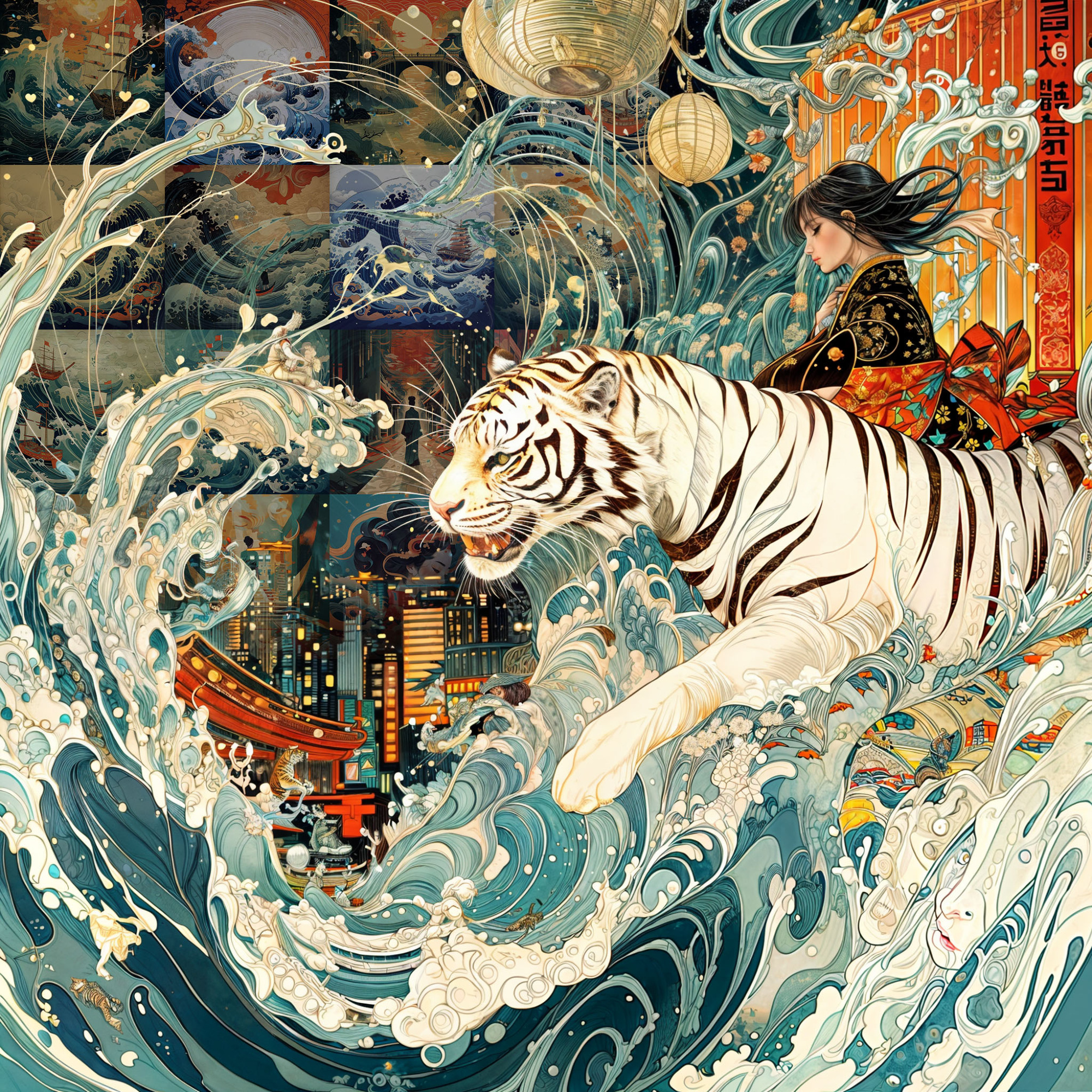 抽象絵画 - Tiger and his master in town