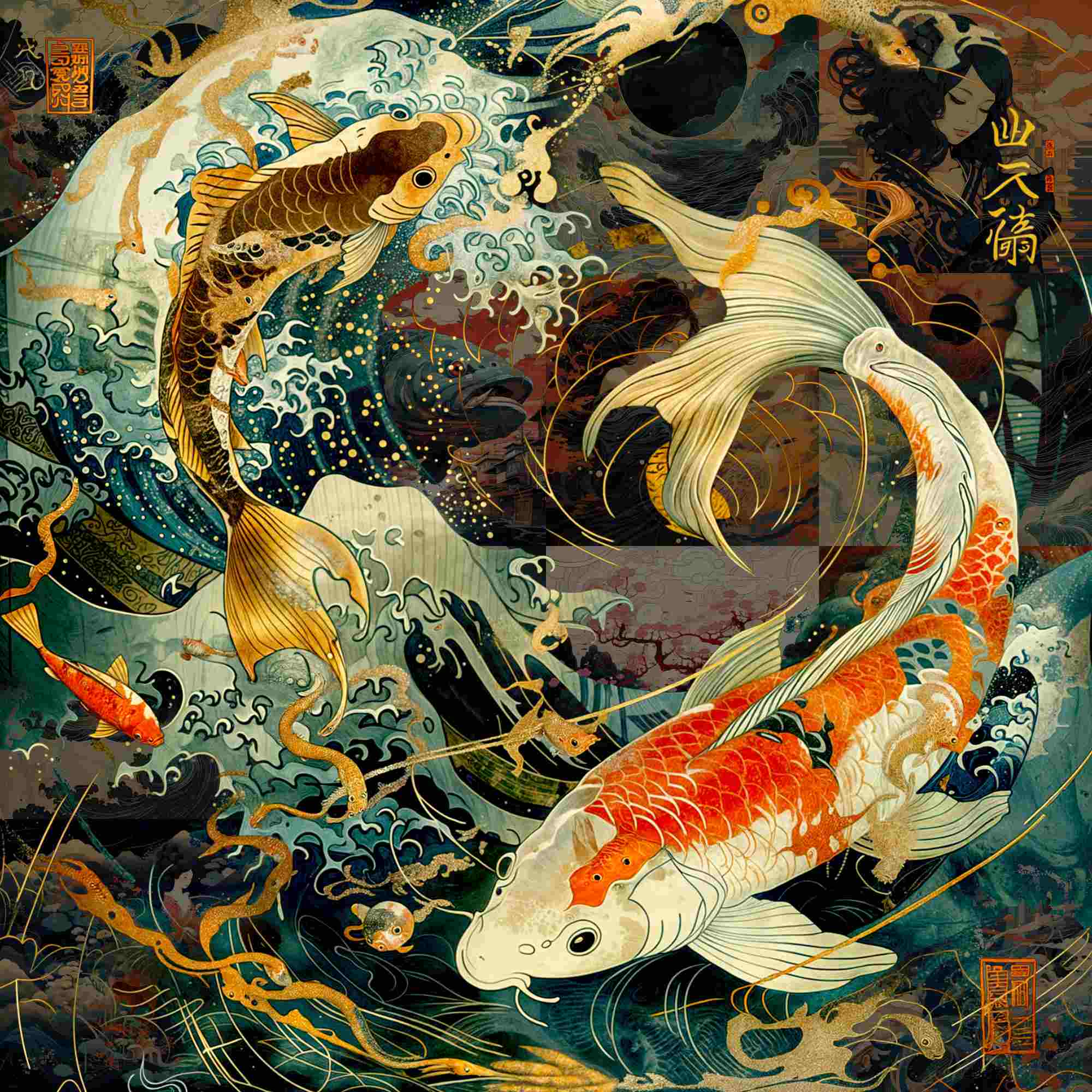 抽象絵画 - Koi in the flow