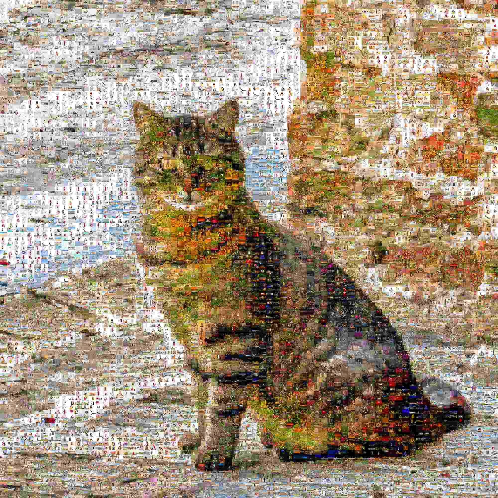 Mosaic of a Tabby Cat Sitting by the Brick Wall of an Old Italian Mill